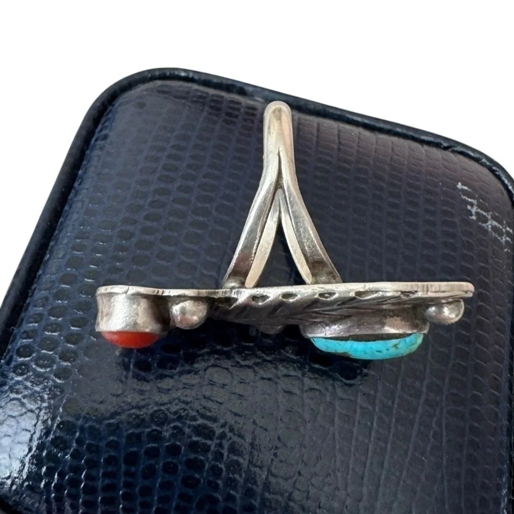 Vintage Turquoise & Coral Sterling Silver Ring - Size 5.5